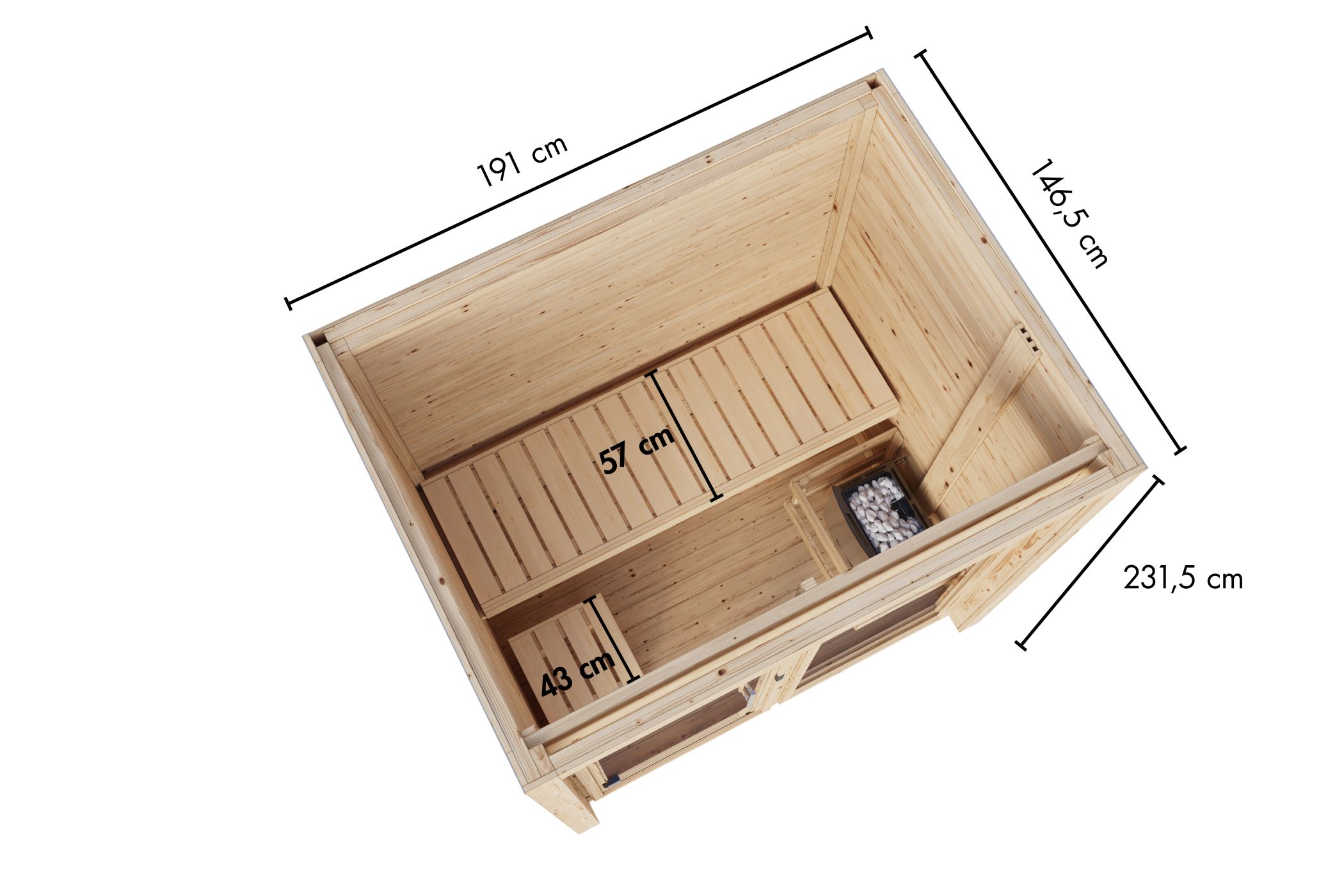 Sauna, Holzsauna, Innenraum, Sitzelement, Maße 231,5 cm