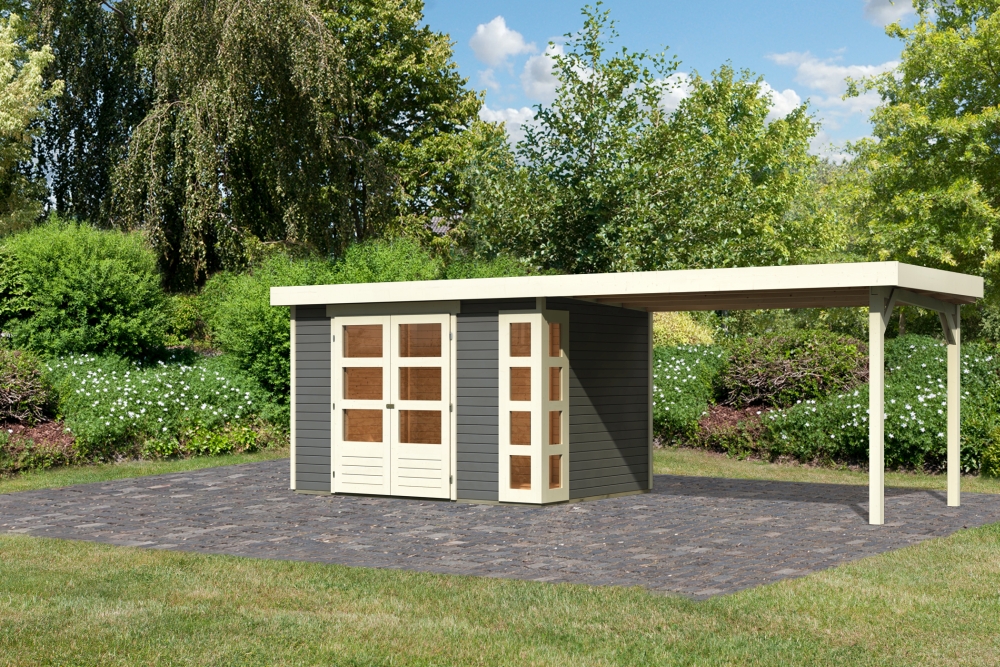 Karibu Gerätehaus Kerko 4 in Terragrau und Anbaudach, Außenansicht