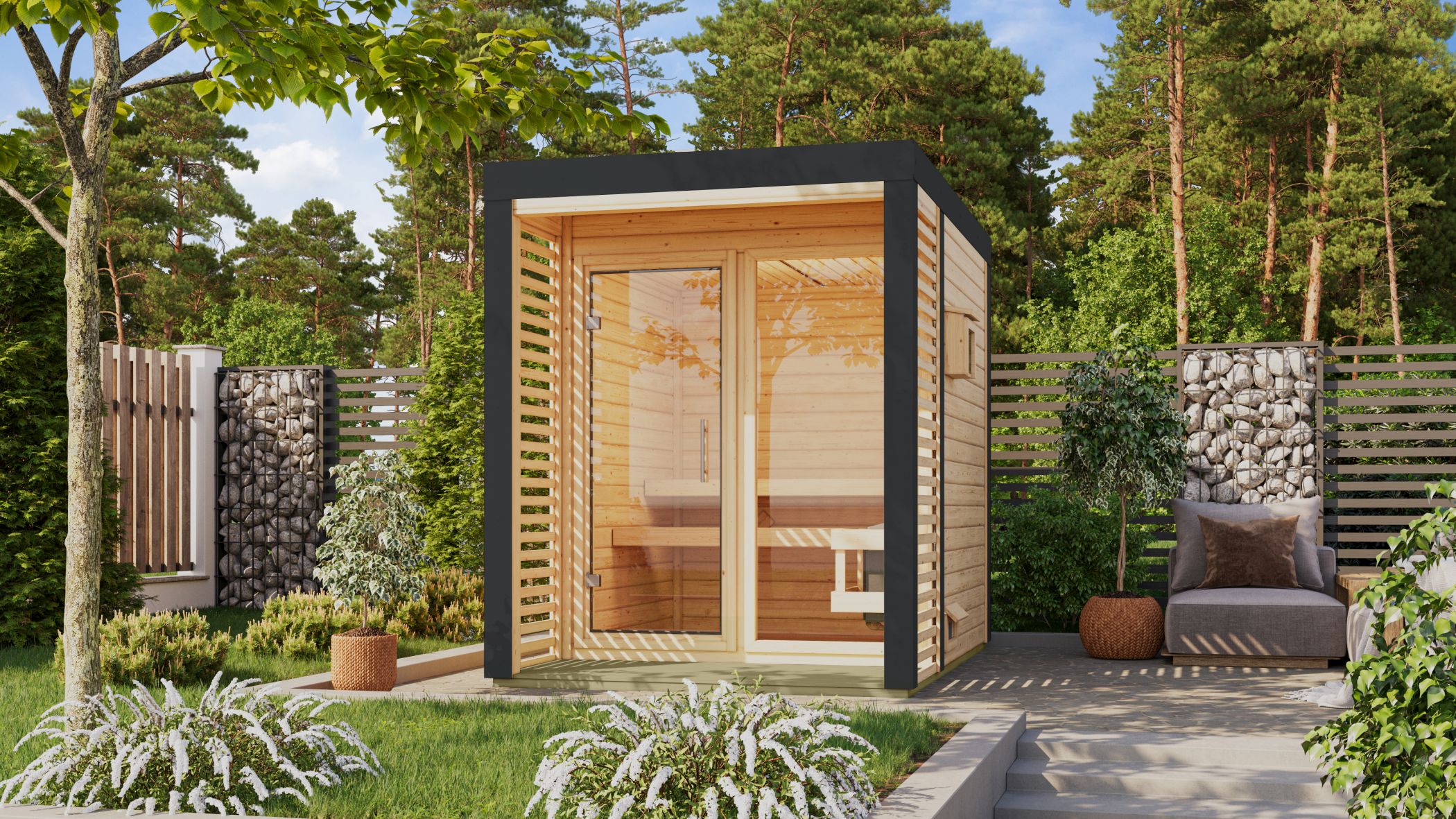 Karibu Saunahaus Ares 1 als Gartensauna aus Massivholz im Garten mit Glasfront