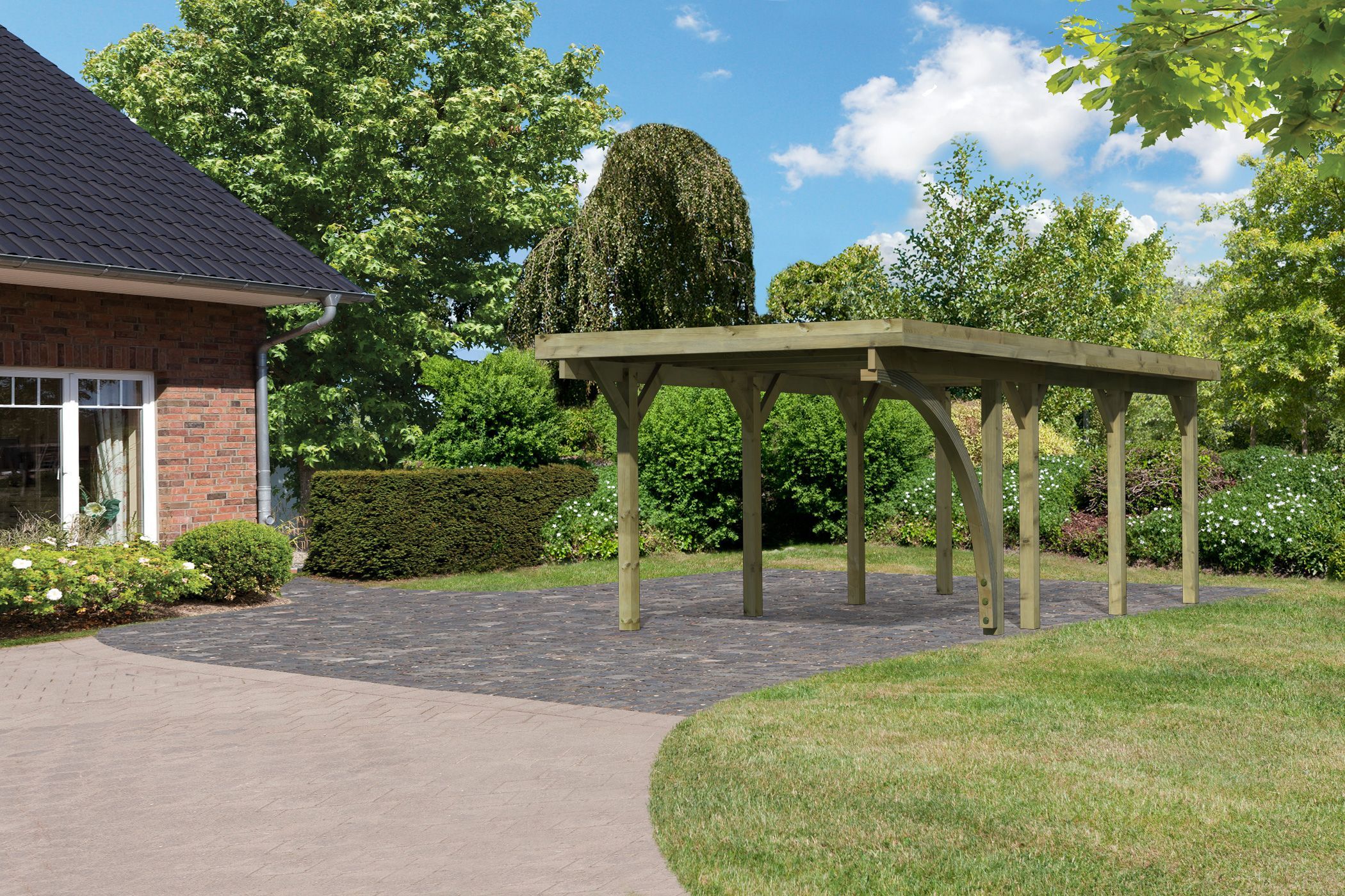 Einzelcarport Classic 2 mit Stahl Dach einem Einfahrtsbogen und Geräteraum / Lagerabverkauf