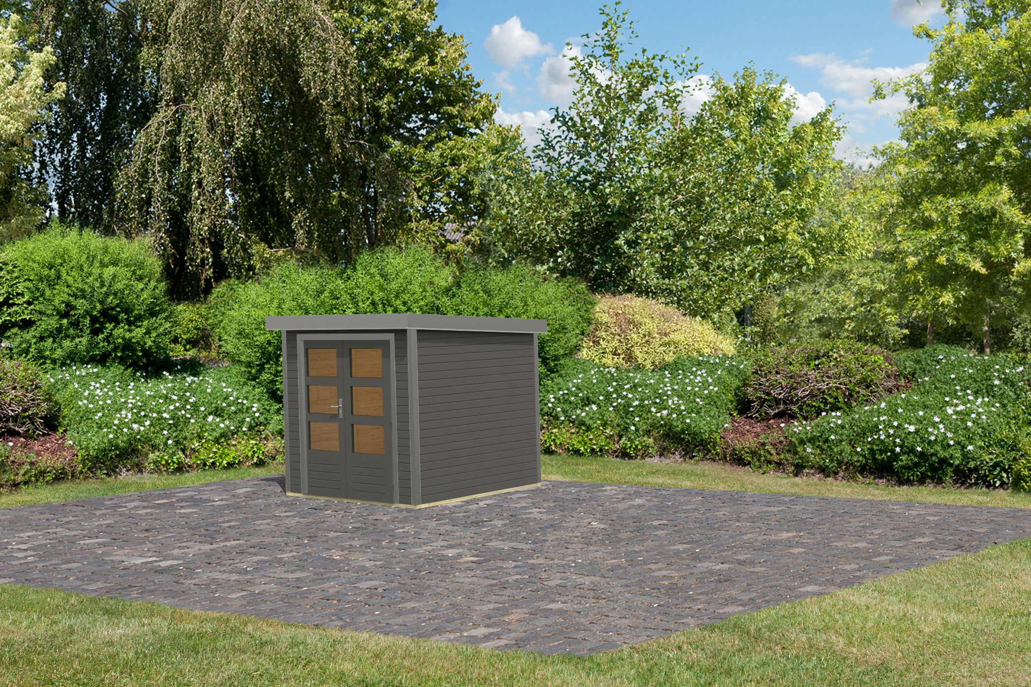 Karibu Gartenhaus Holz & Metall Jupiter 2 in Terragrau mit Metall in Graualuminium, Außenansicht
