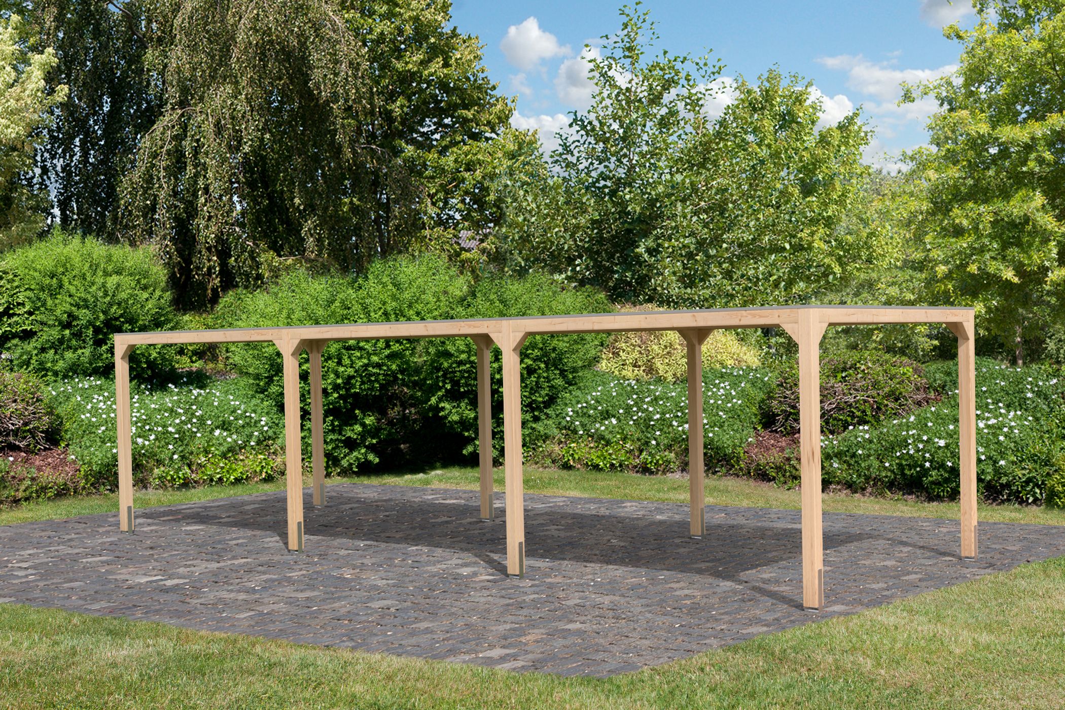 Außenansicht des Karibu Pavillon Cubus aus Leimholz mit Flachdach im Garten aufgebaut