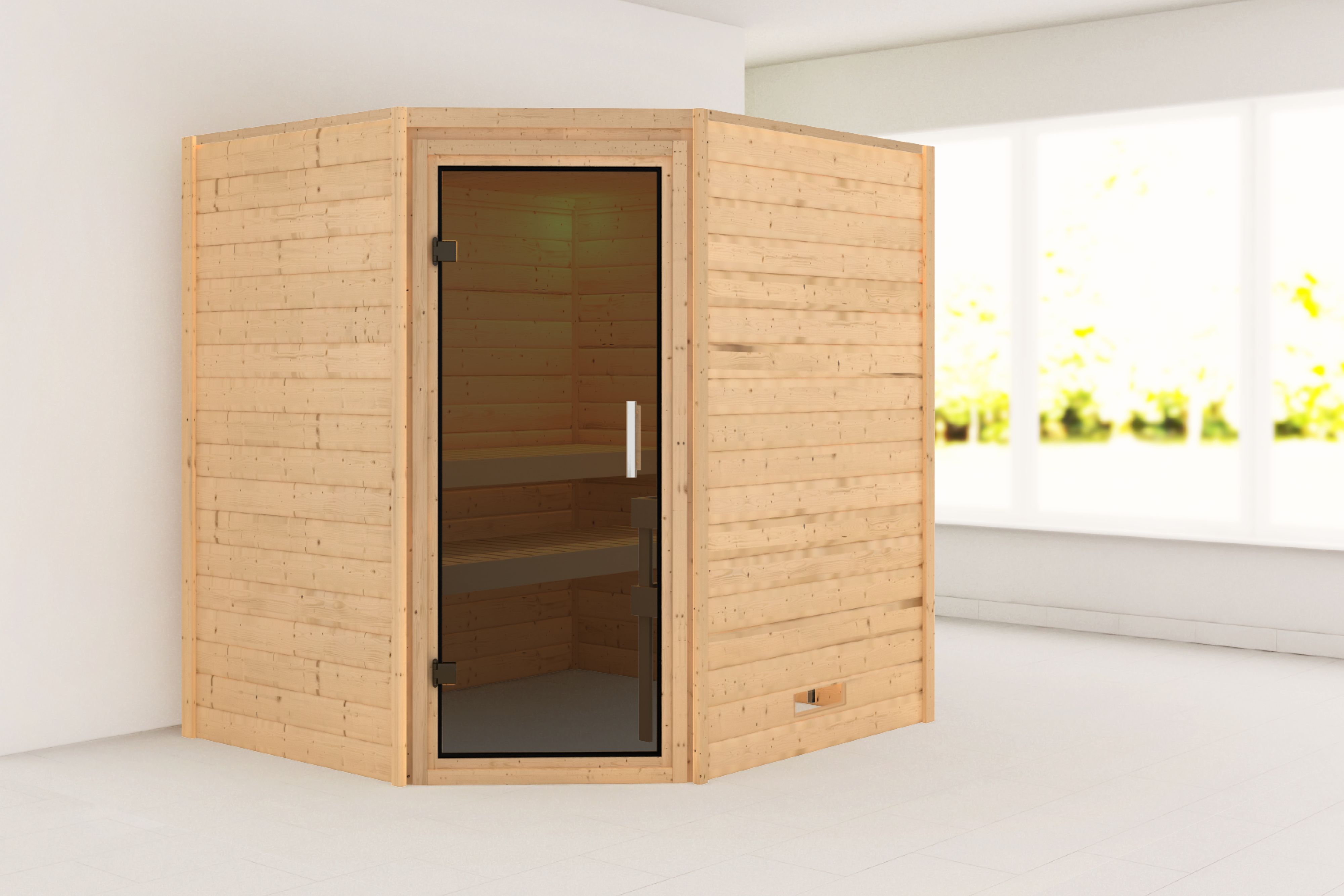 Außenansicht der Karibu Sauna Mia aus nordischer Fichte mit graphitfarbener Ganzglastür und Fronteinstieg