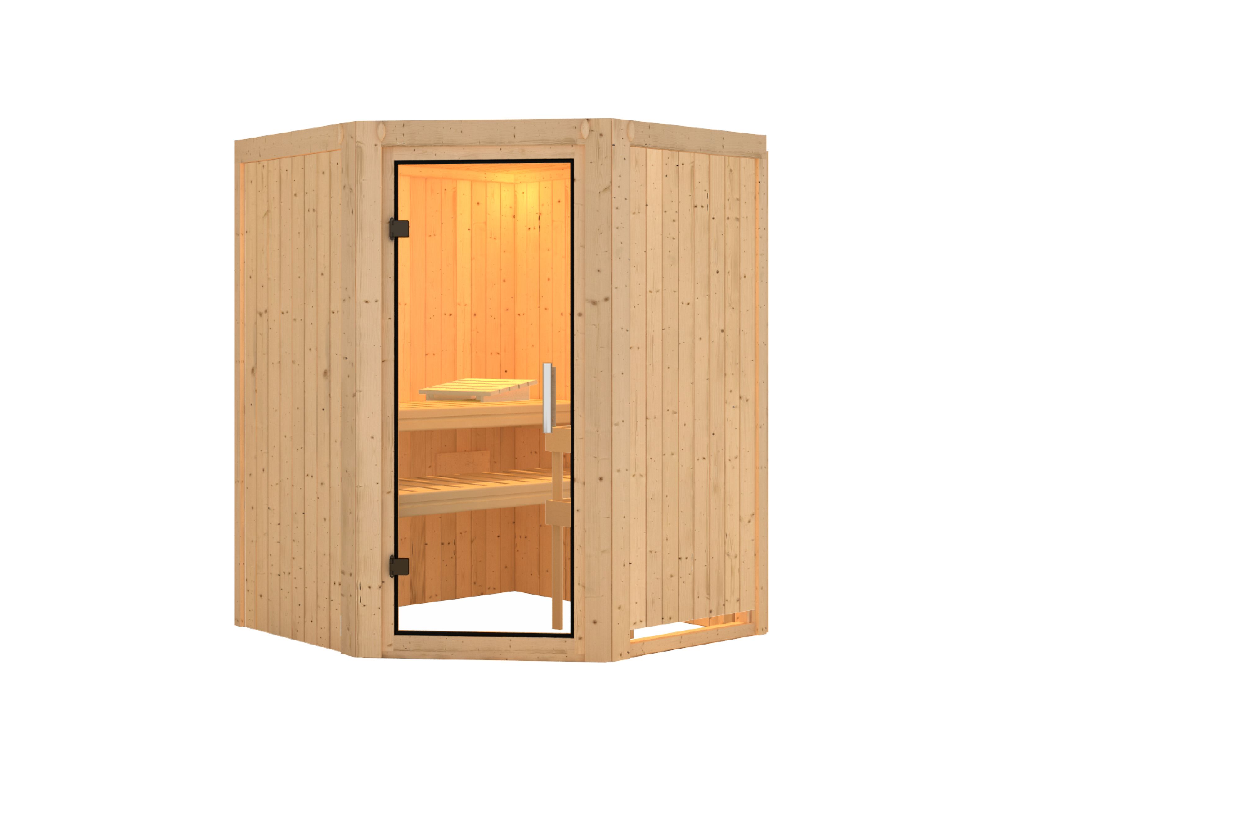 Innenansicht der Karibu Sauna Larin mit Liegen und Kopfstütze aus hellem Espenholz