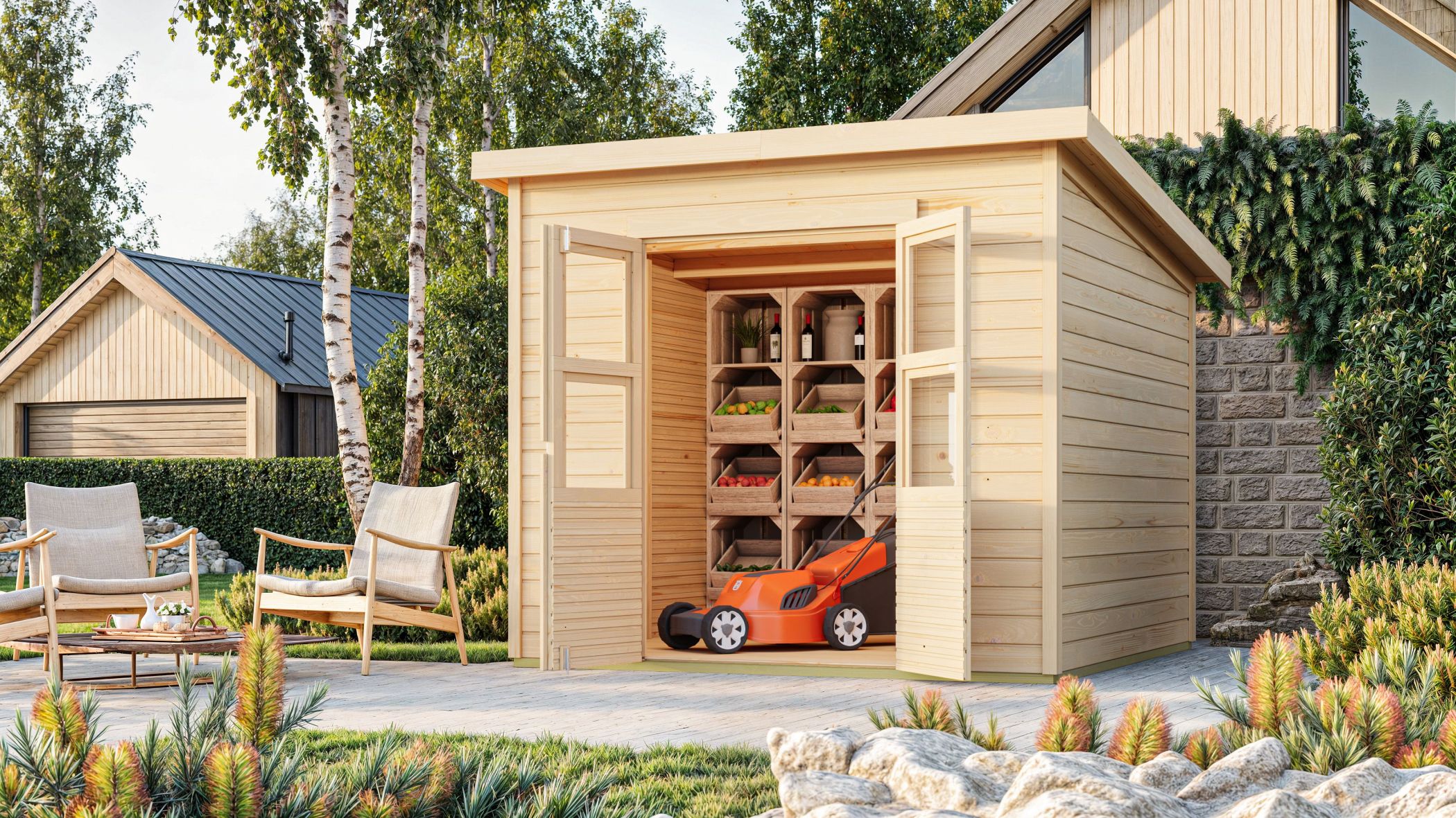 Karibu Gerätehaus Merseburg 5 in Naturbelassen im Garten