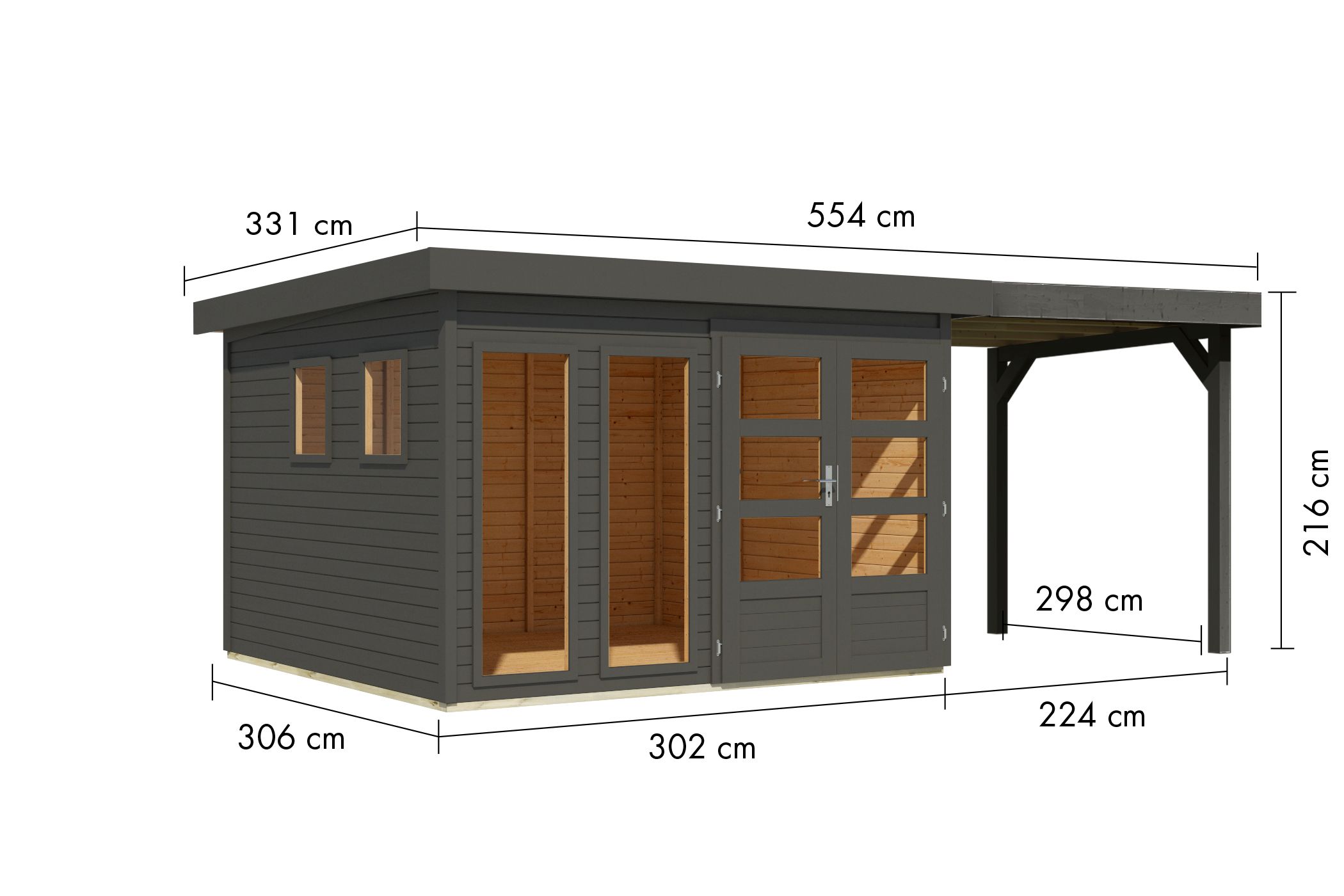 Bemaßte Maßzeichnung des Karibu großes Gerätehaus Lahar 6 mit Anbaudach, 554 × 331 cm