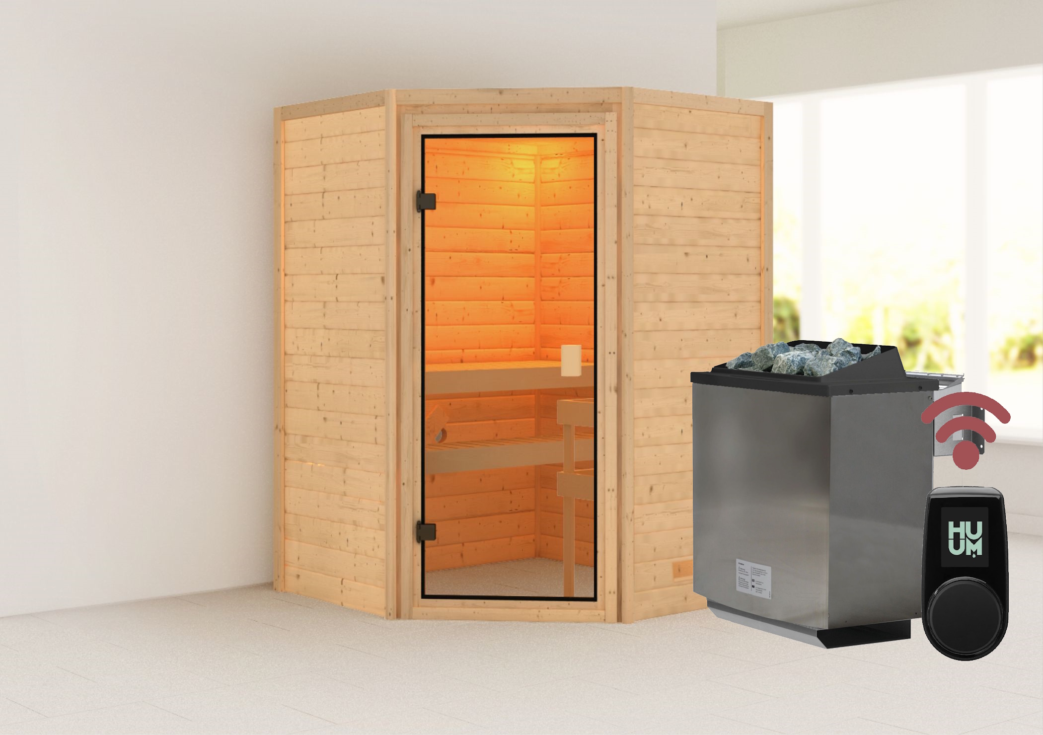 Außenansicht der Karibu Sauna Valida 1 Eckeinstieg aus nordischer Fichte mit Ganzglastür und Fronteinstieg