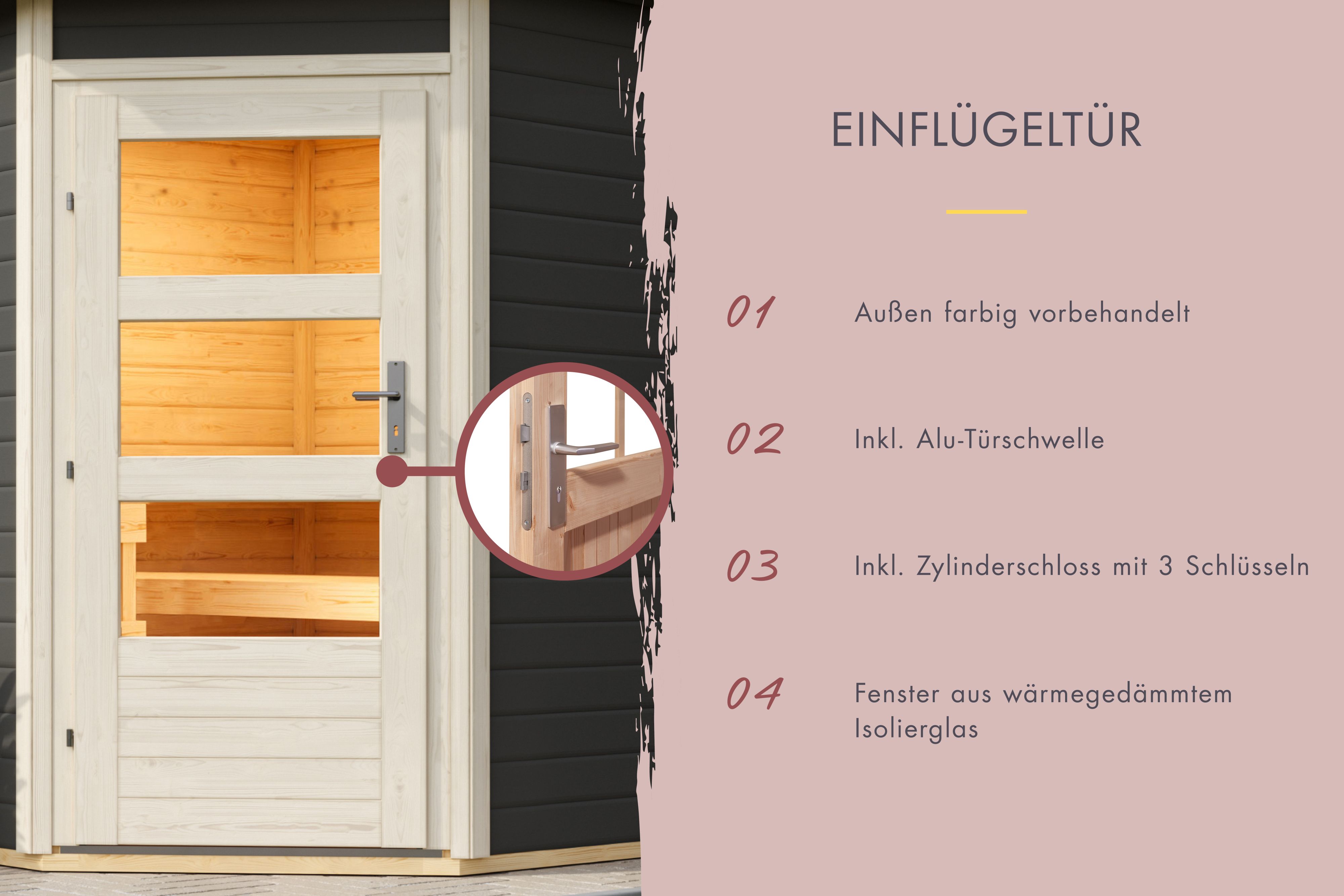 Hochwertige Saunatür aus 8 mm Sicherheitsglas mit Massivholzrahmen für Karibu Saunen