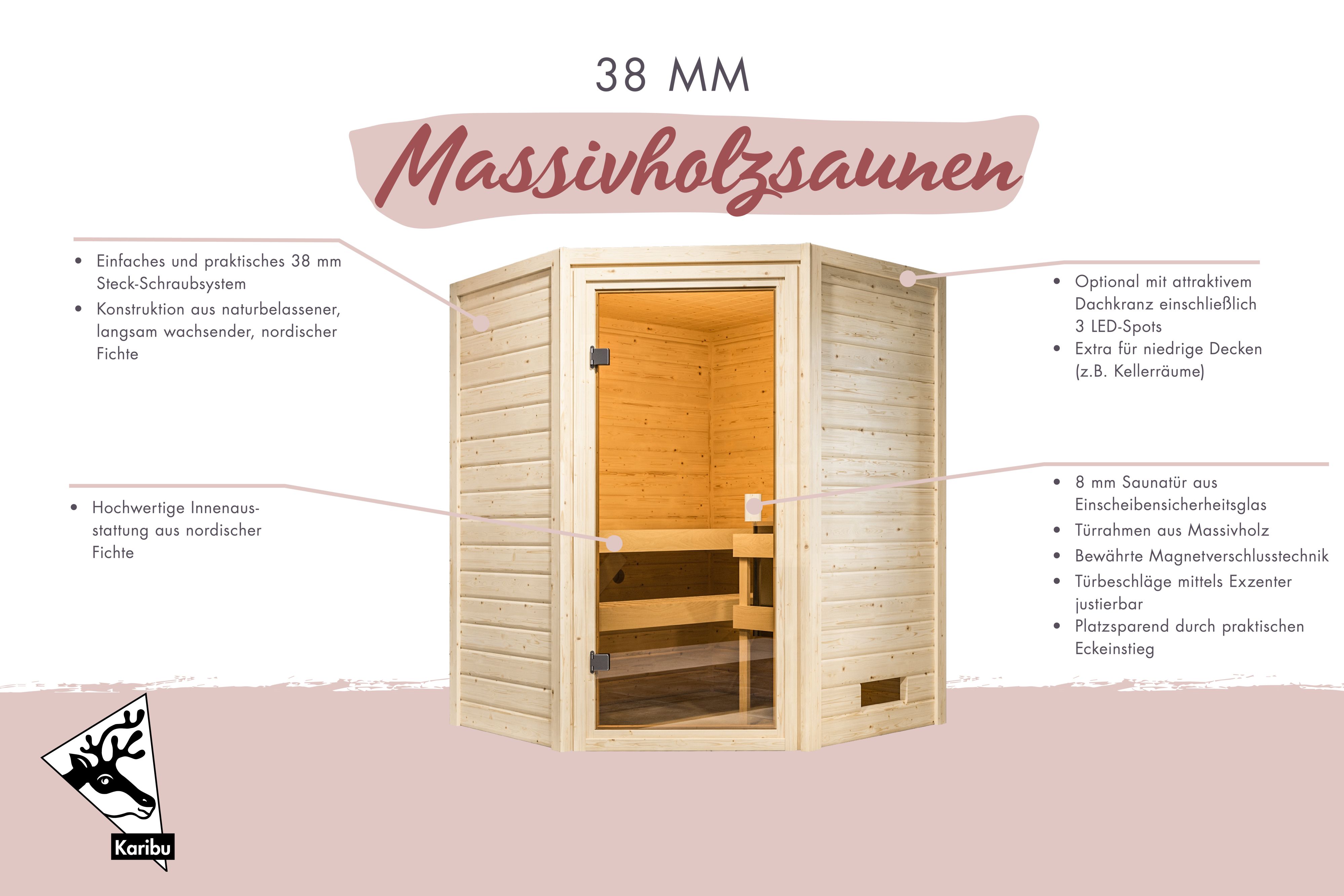 Außenansicht der Karibu Sauna Valida 1 Eckeinstieg aus nordischer Fichte mit Ganzglastür und Fronteinstieg