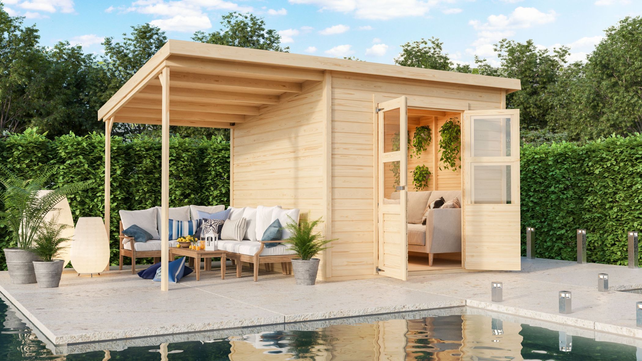 Karibu Gerätehaus Merseburg 6 in Naturbelassen und Anbaudach im Garten