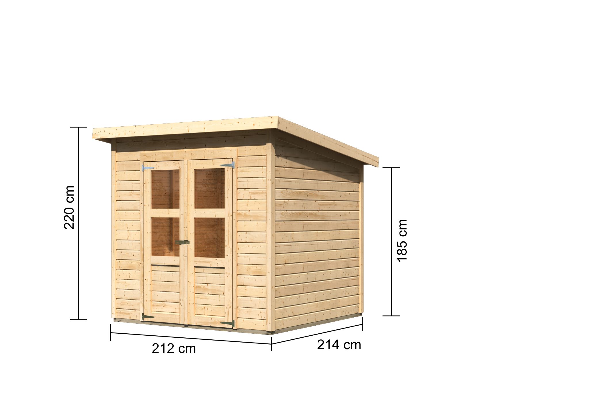 Bemaßte Maßzeichnung des Karibu Gerätehaus Merseburg 4, 212 × 214 cm