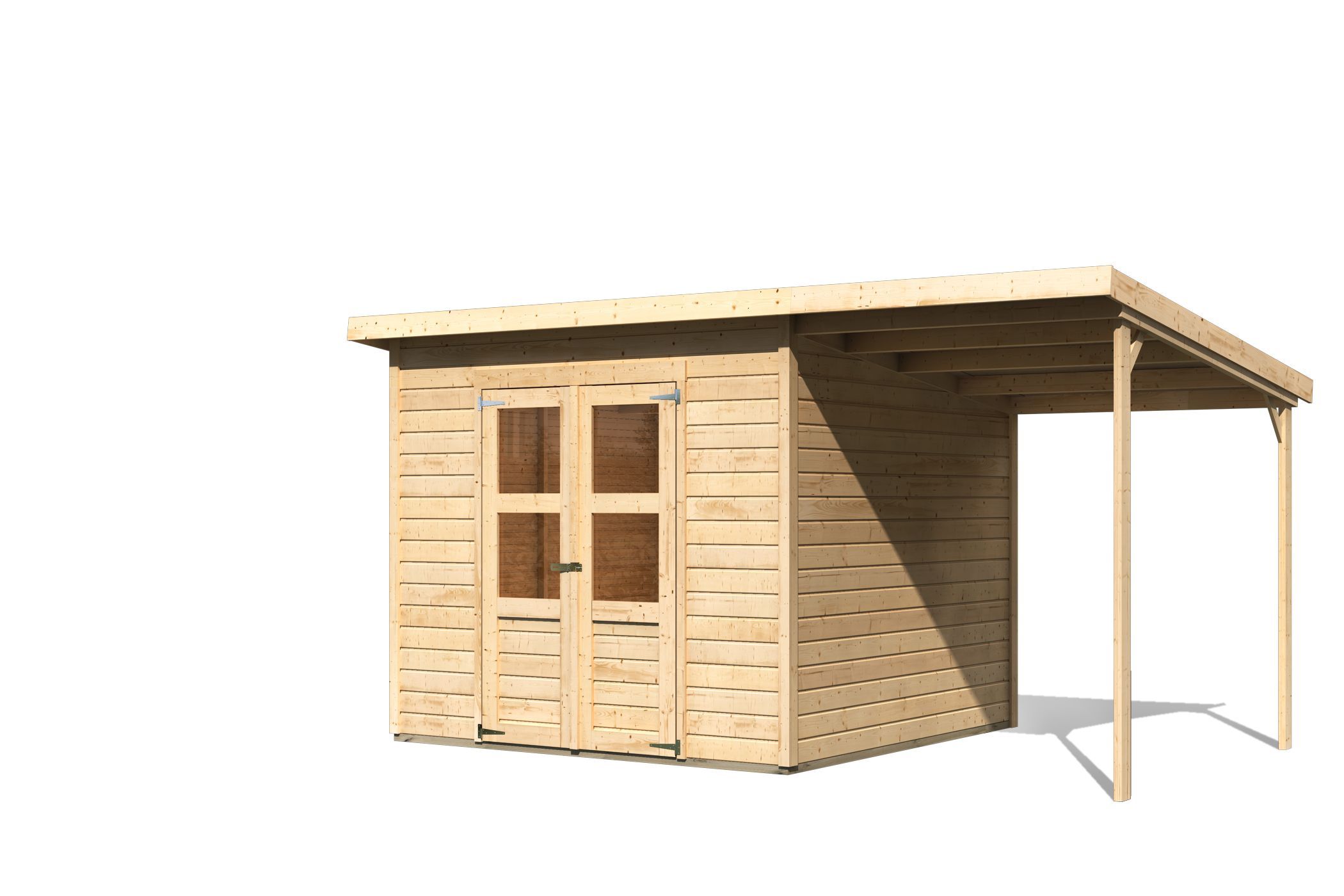 Karibu Gerätehaus Merseburg 6 in Naturbelassen und Anbaudach, Freisteller