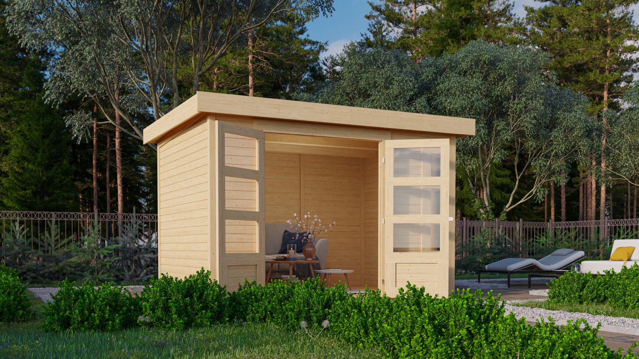 Karibu Gerätehaus Kerko 4 mit Anbaudach im Garten