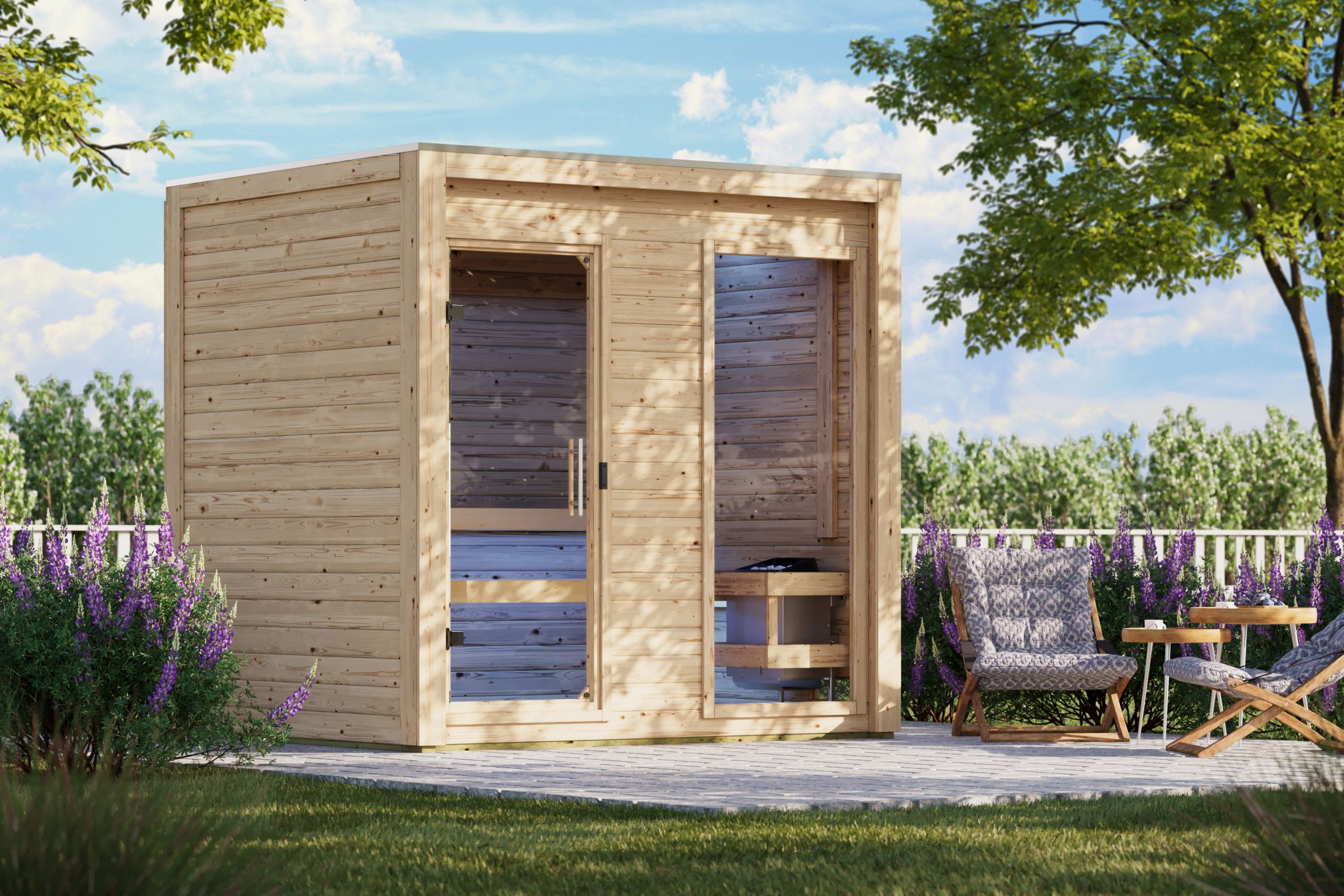 Holzsauna, Sauna, Garten, Sichtfenster, Sitzecke