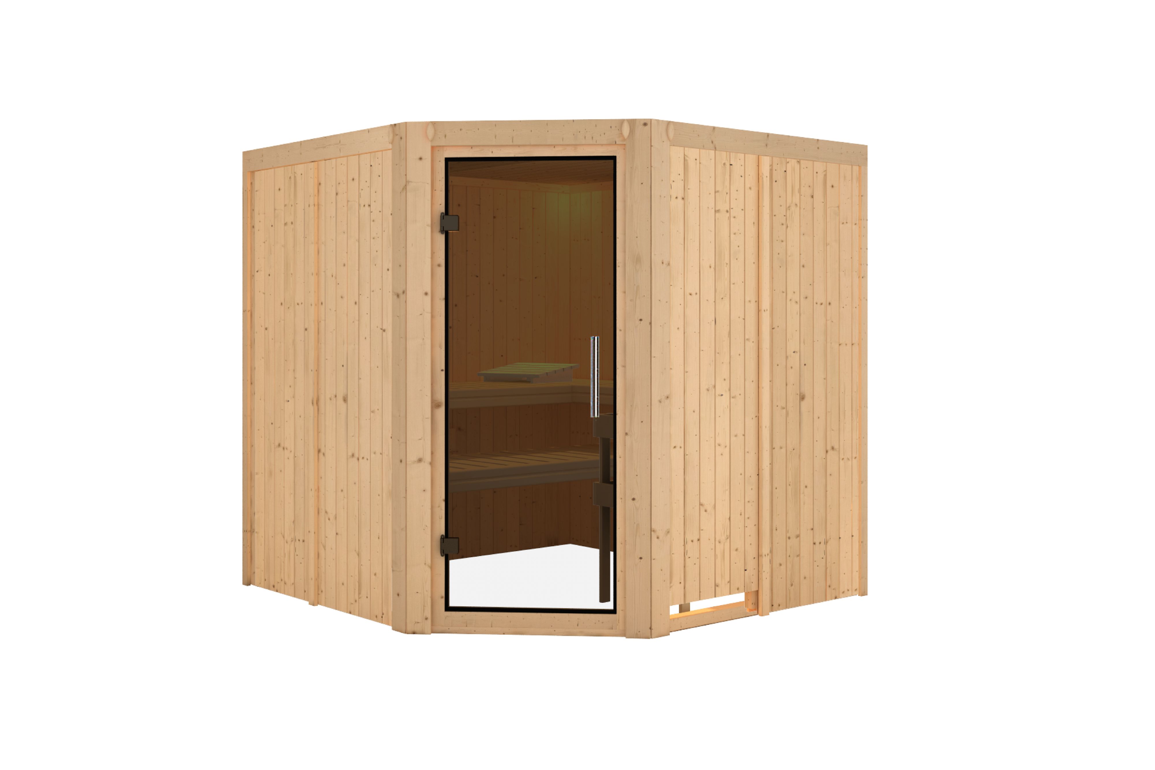 Innenansicht der Karibu Sauna Jarin mit Liegen und Kopfstütze aus hellem Espenholz