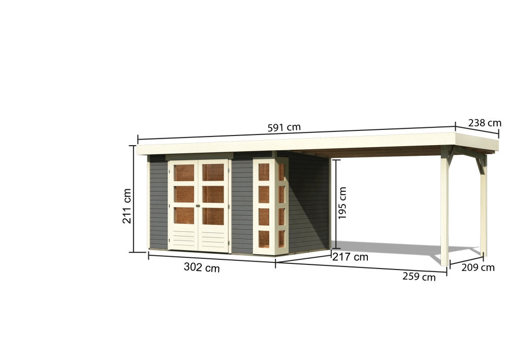 Bemaßte Maßzeichnung des Karibu Gerätehaus Kerko 4 mit Anbaudach, 609 × 238 cm