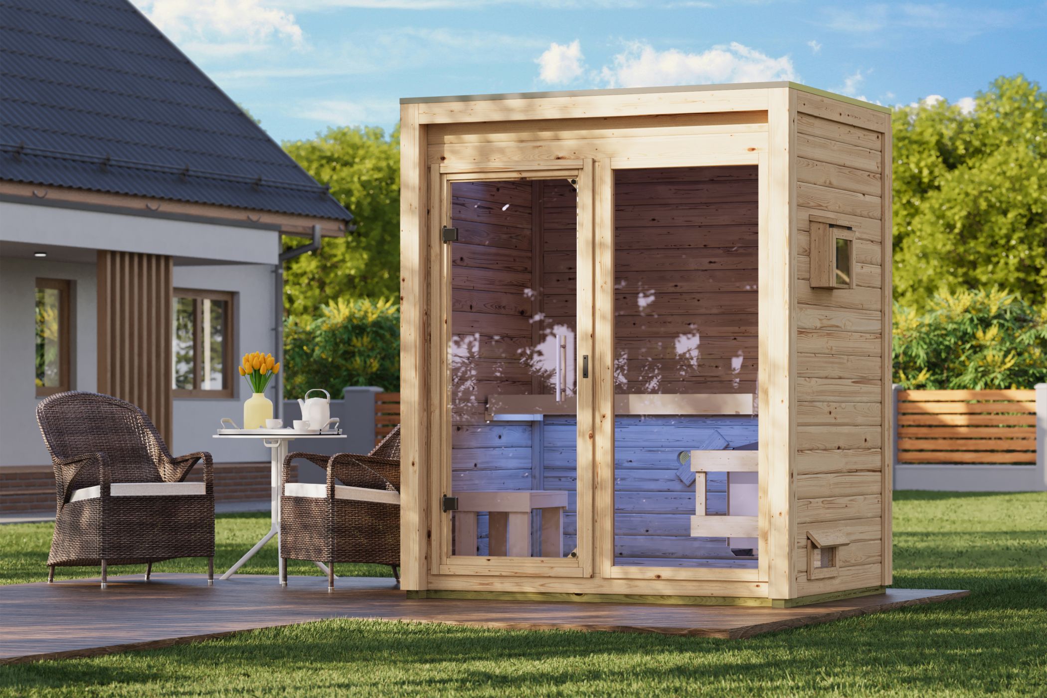 Holzsauna, Sauna, Außenbereich, Glasfront, Garten