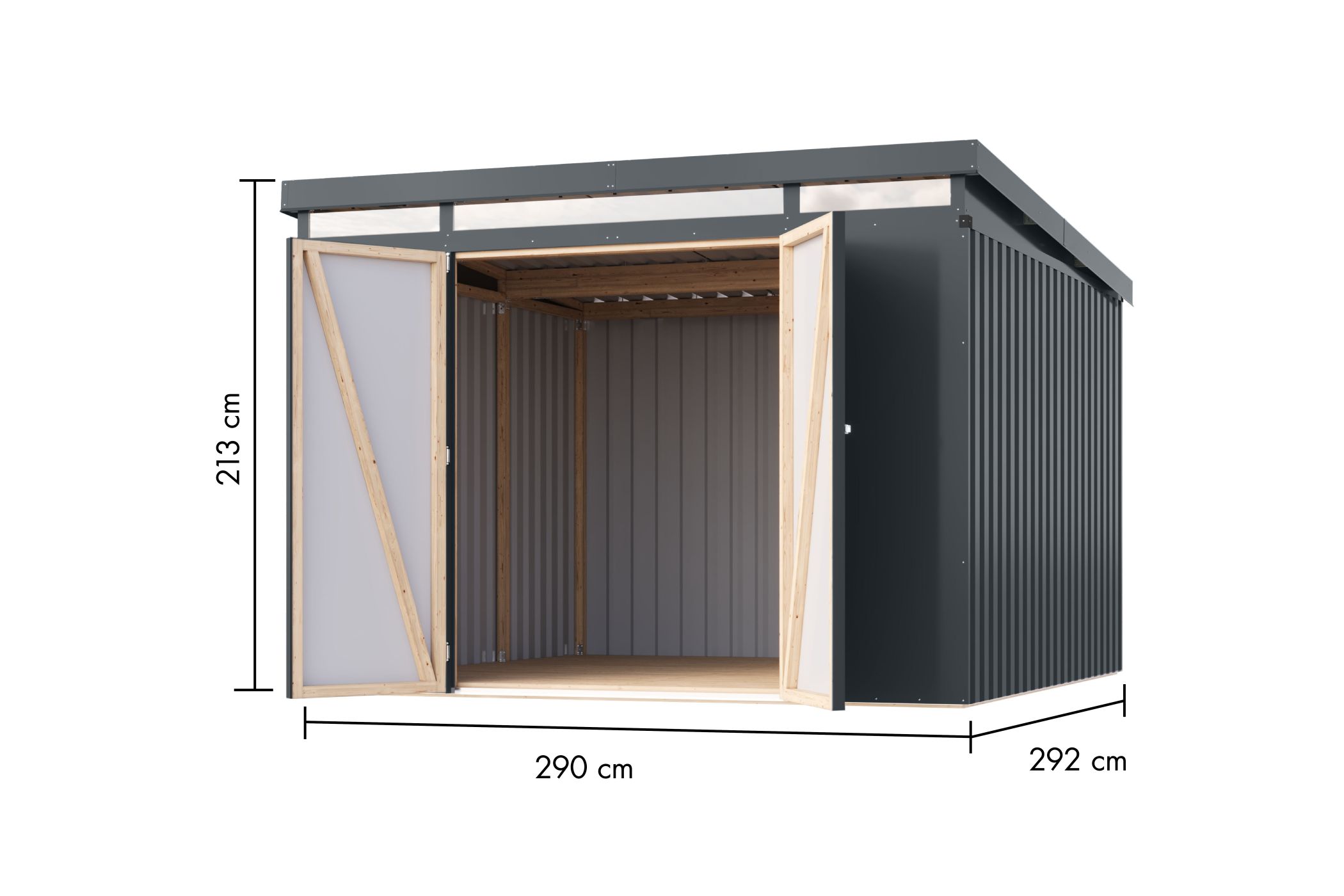 Bemaßte Maßzeichnung des Karibu großes Gerätehaus aus Metall Iridium 3,5, 290 × 292 cm