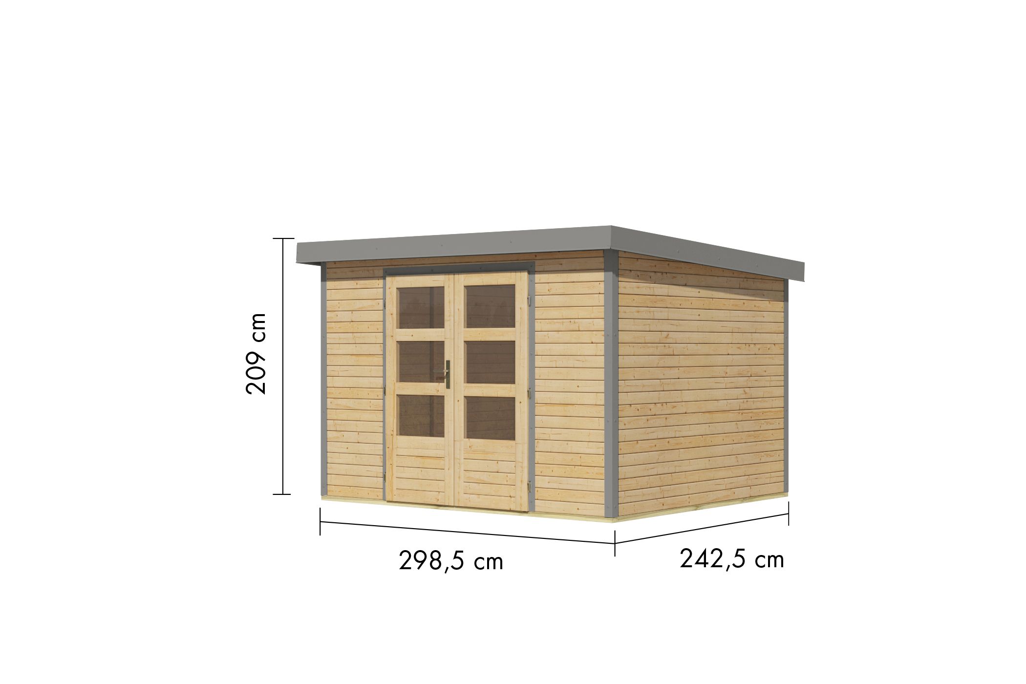 Bemaßte Maßzeichnung des Karibu Gartenhaus Holz & Metall Jupiter 5, 299 × 243 cm