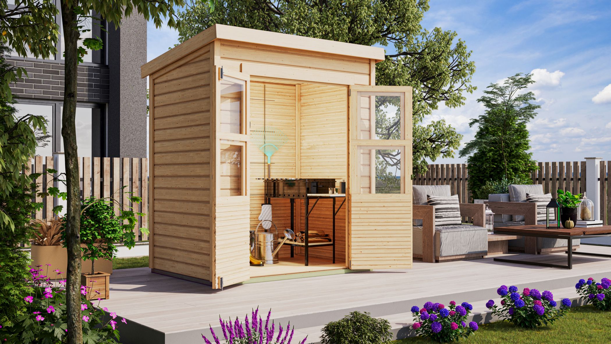 Karibu Gerätehaus Merseburg 2 in Naturbelassen im Garten