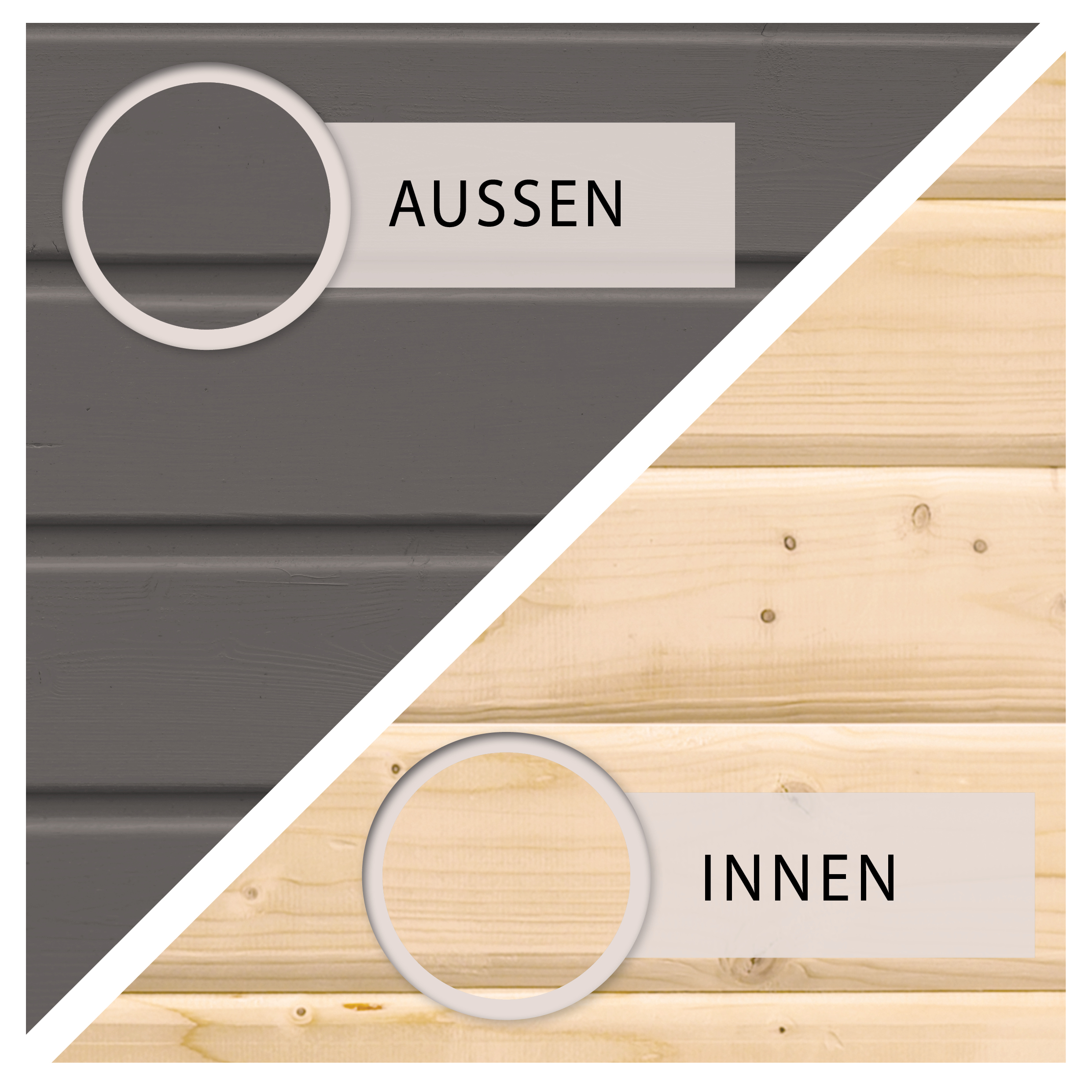 Gegenüberstellung von Außen- und Innenseite der Saunawand einer Karibu Gartensauna aus nordischer Fichte