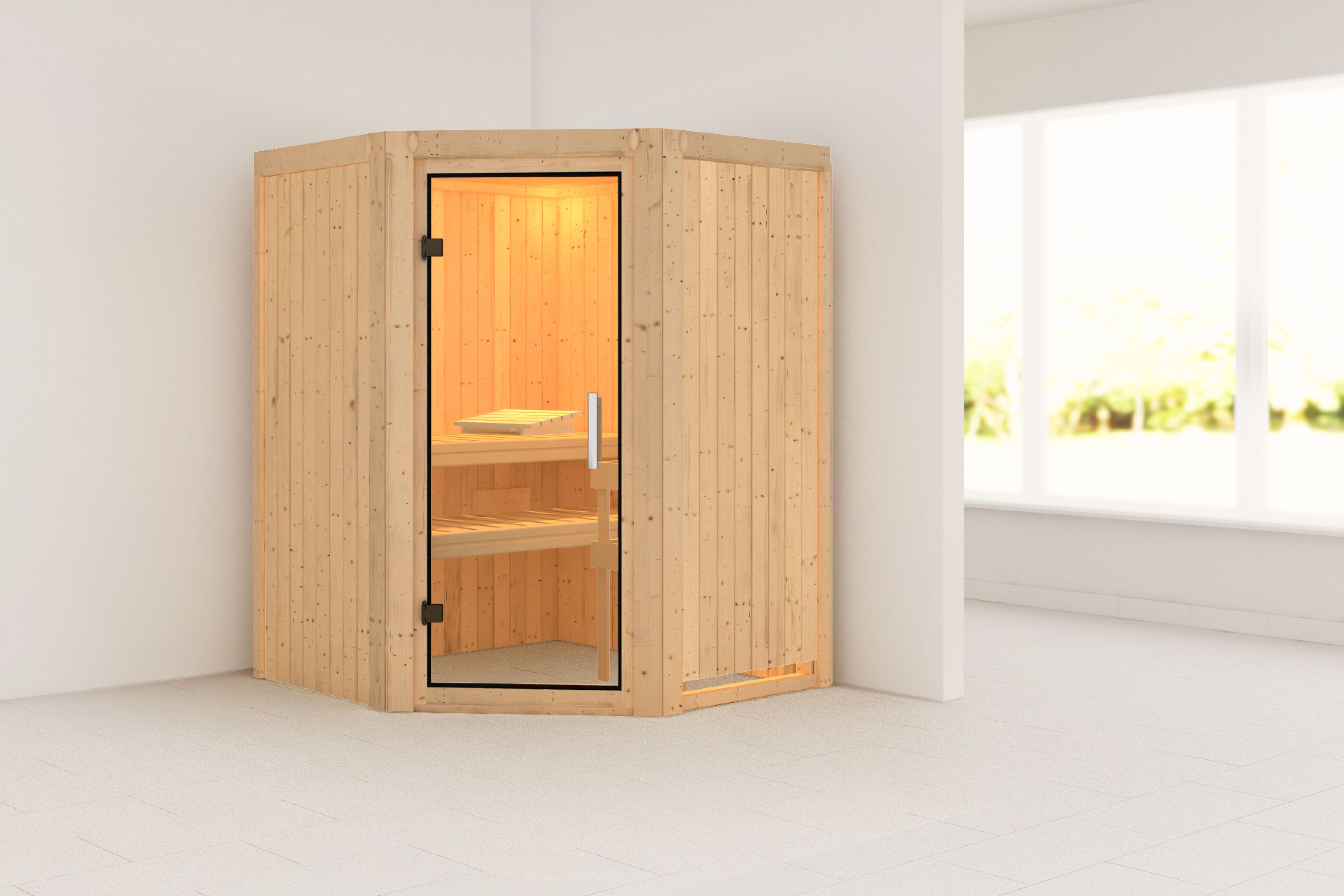 Außenansicht der Karibu Sauna Larin aus nordischer Fichte mit Klarglas-Ganzglastür und Fronteinstieg