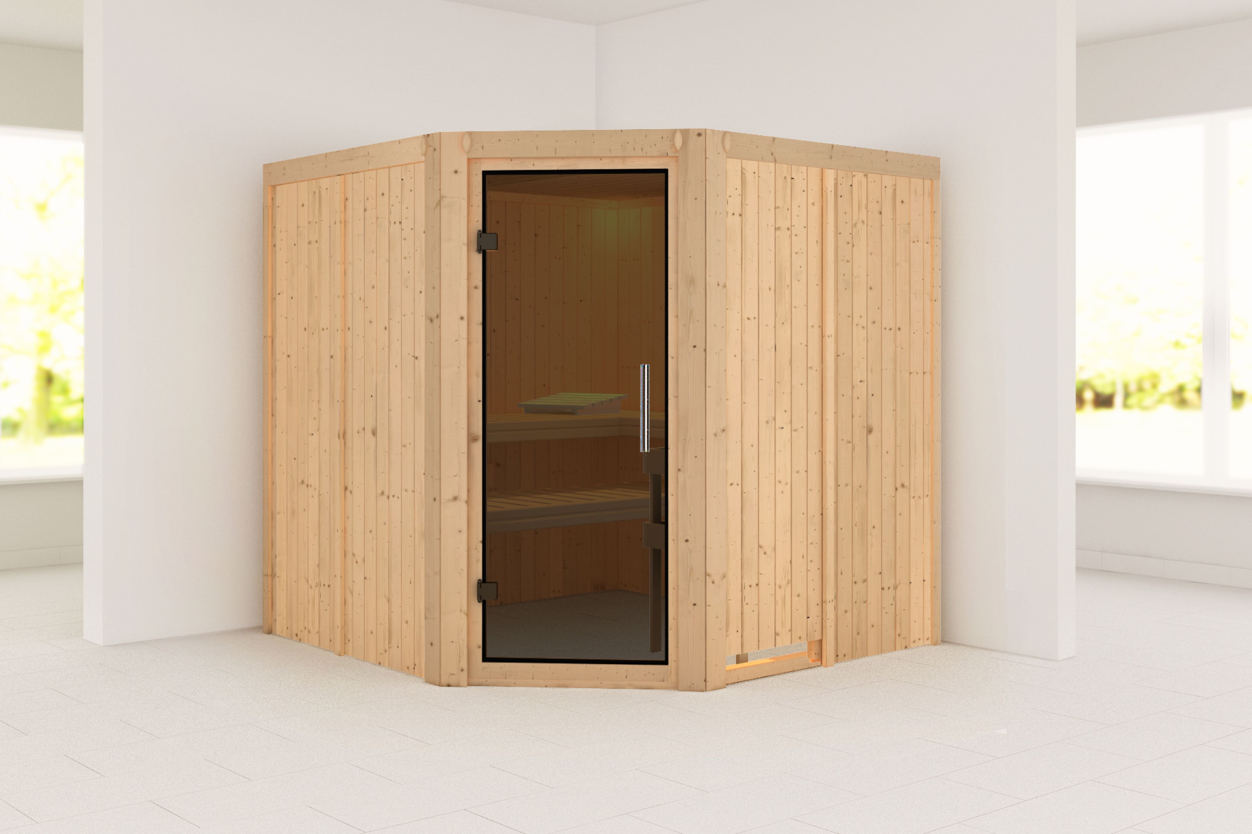 Außenansicht der Karibu Sauna Jarin aus nordischer Fichte mit graphitfarbener Ganzglastür und Fronteinstieg