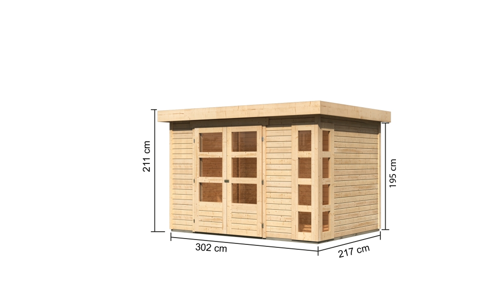 Bemaßte Maßzeichnung des Karibu Gerätehaus Kerko 4 mit Bemaßung