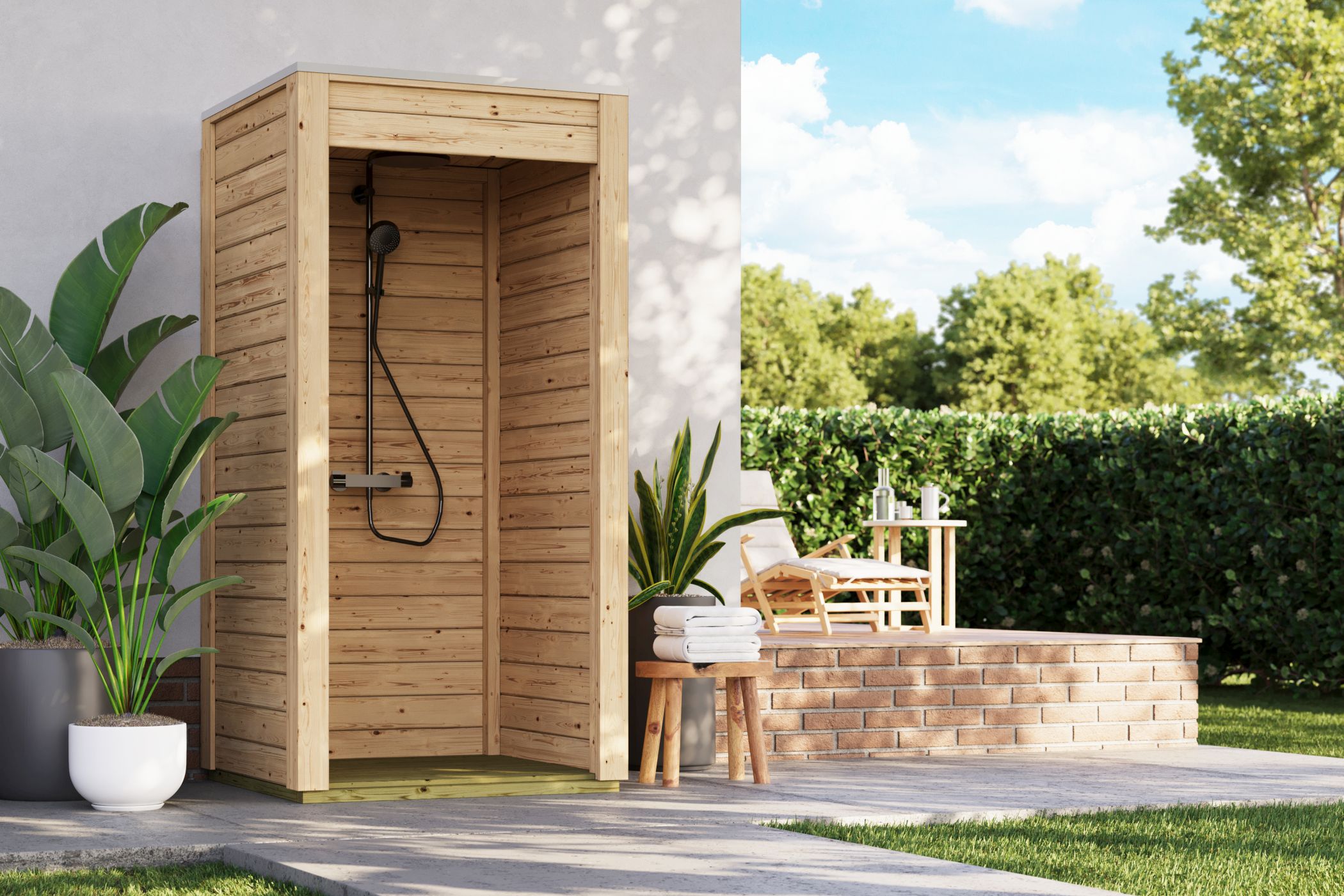 außendusche, Holz-Dusche, Gartensetup, Loungebereich, Pflanzen