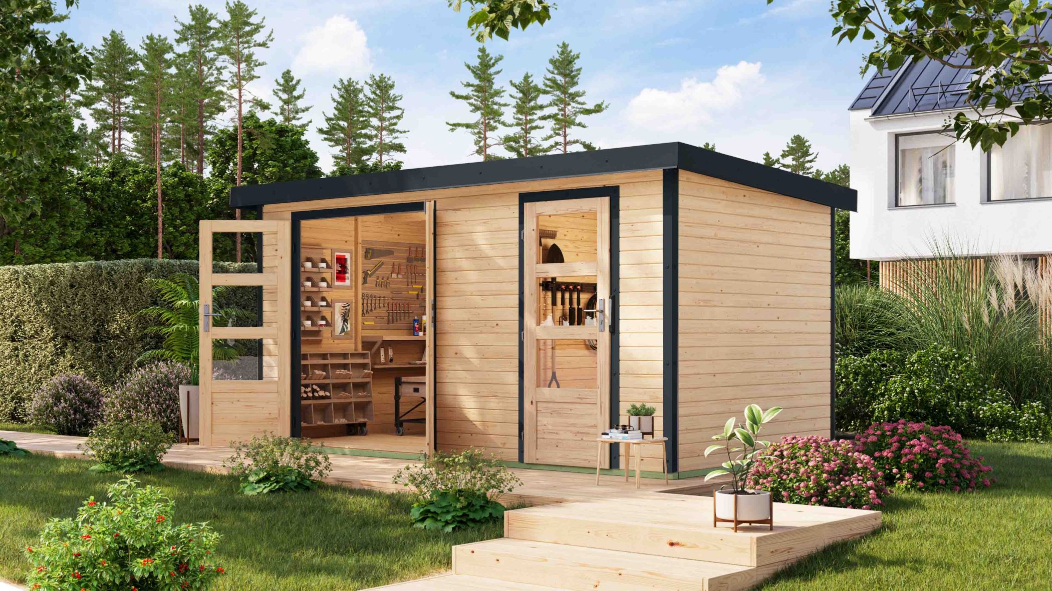 Karibu großes Gartenhaus Holz & Metall Merkur in Naturbelassen mit Metall in Anthrazit im Garten