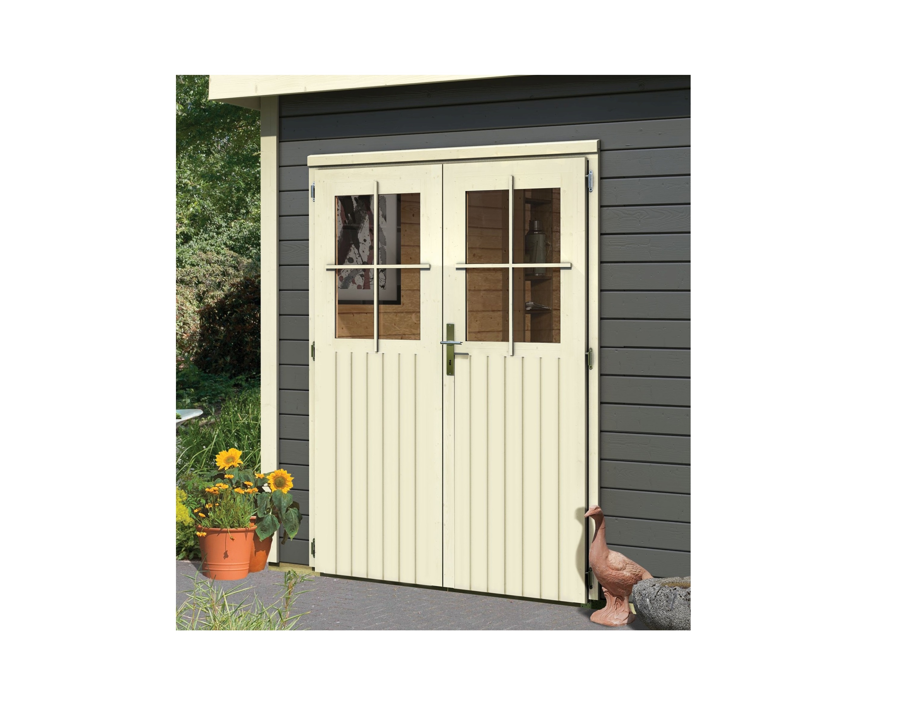 Doppelflügeltür Gartenhaustür 28mm elfenbeinweiß / Lagerabverkauf