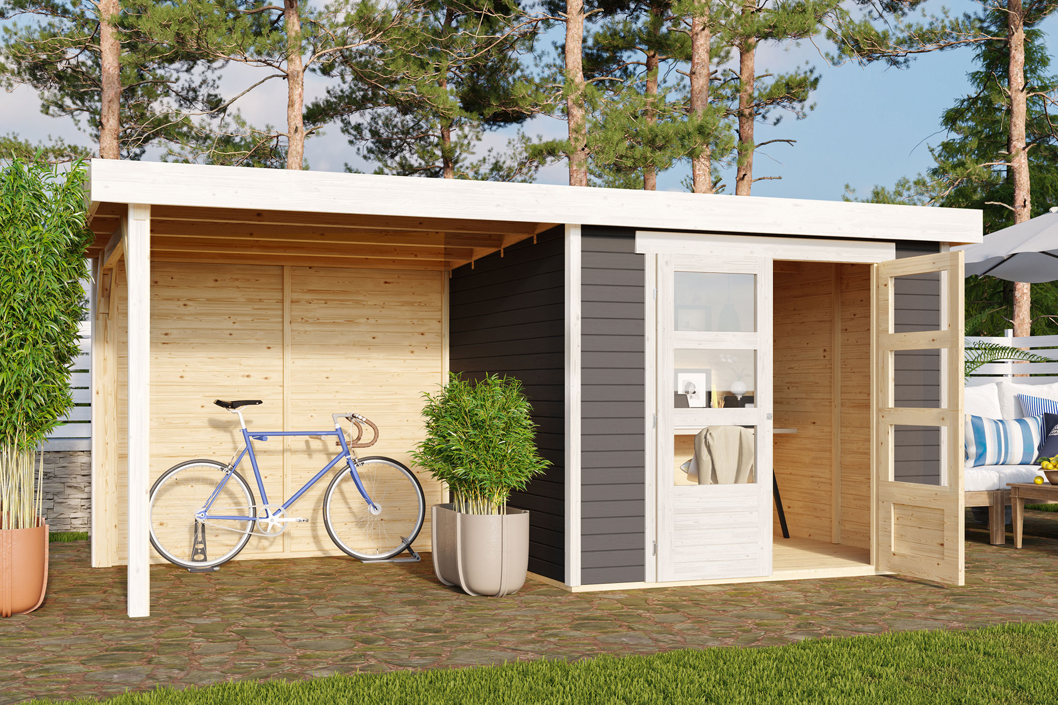 Karibu Gerätehaus Askola 3 in Terragrau und Anbaudach im Garten