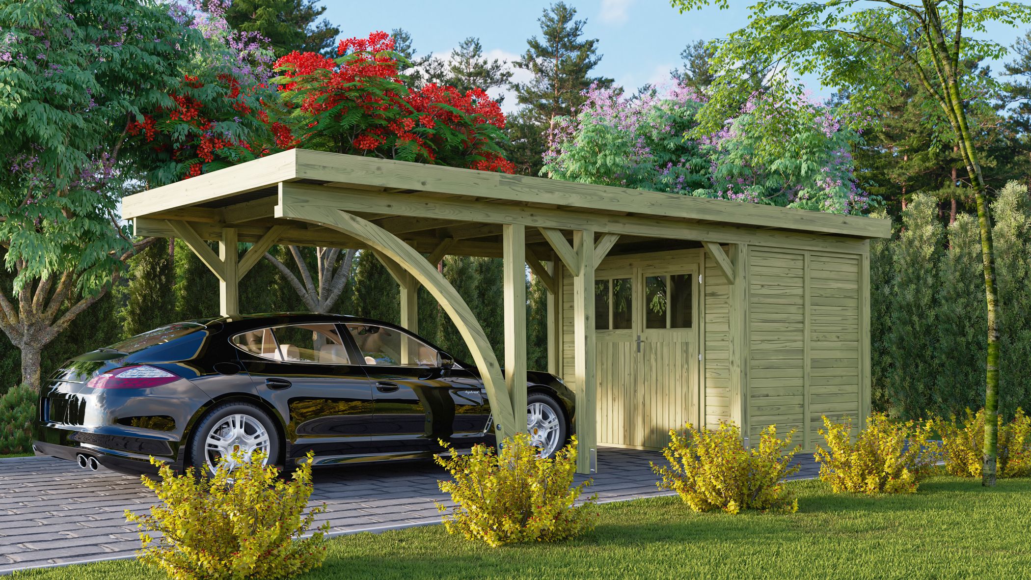 Einzelcarport Classic 2 mit PVC Dach einem Einfahrtsbogen und Geräteraum / Lagerabverkauf