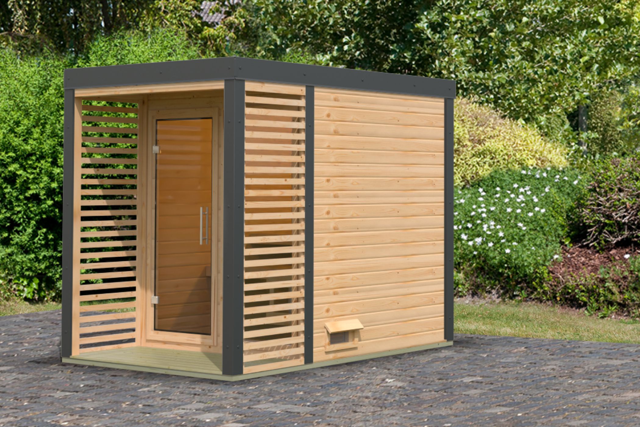 Karibu Saunahaus Ares 1 als Gartensauna aus Massivholz im Garten mit Glasfront