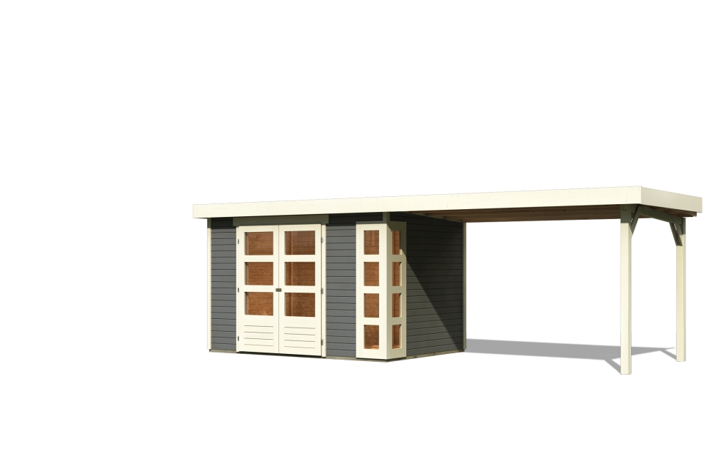 Karibu Gerätehaus Kerko 4 in Terragrau und Anbaudach, Freisteller