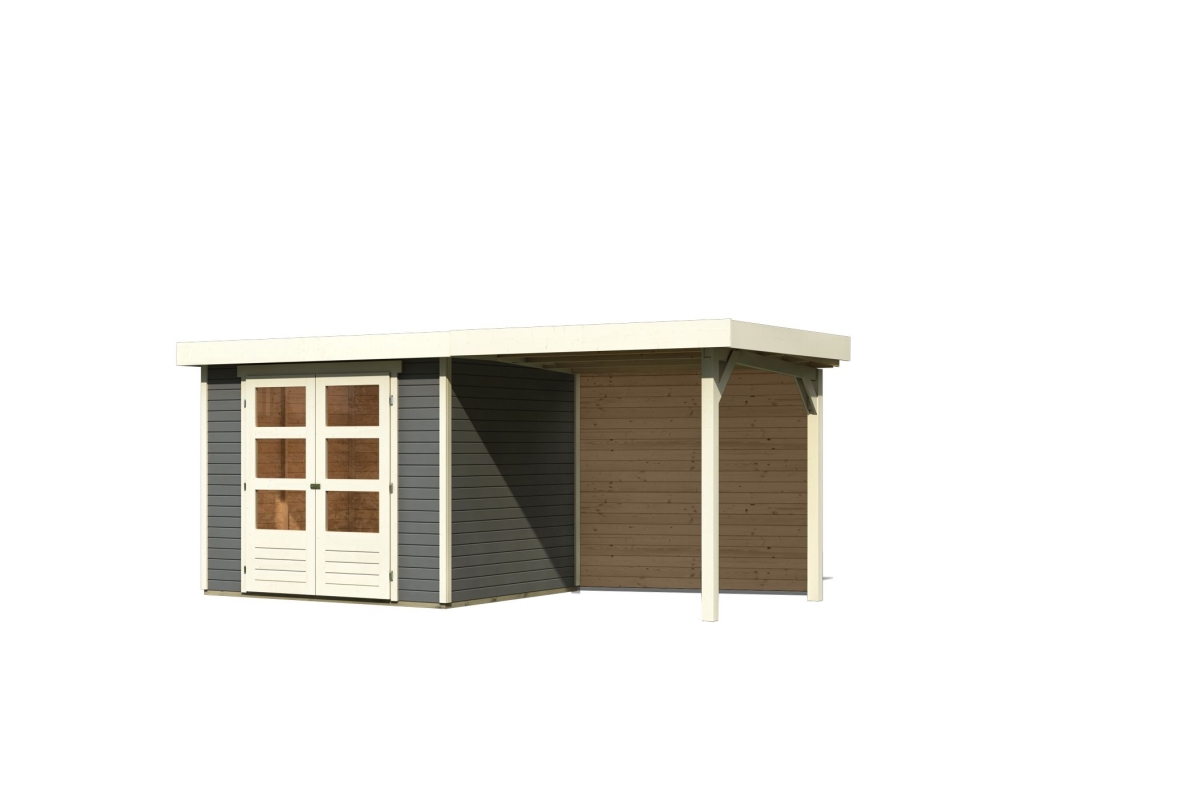 Karibu Gerätehaus Askola 3 in Terragrau und Anbaudach, Freisteller