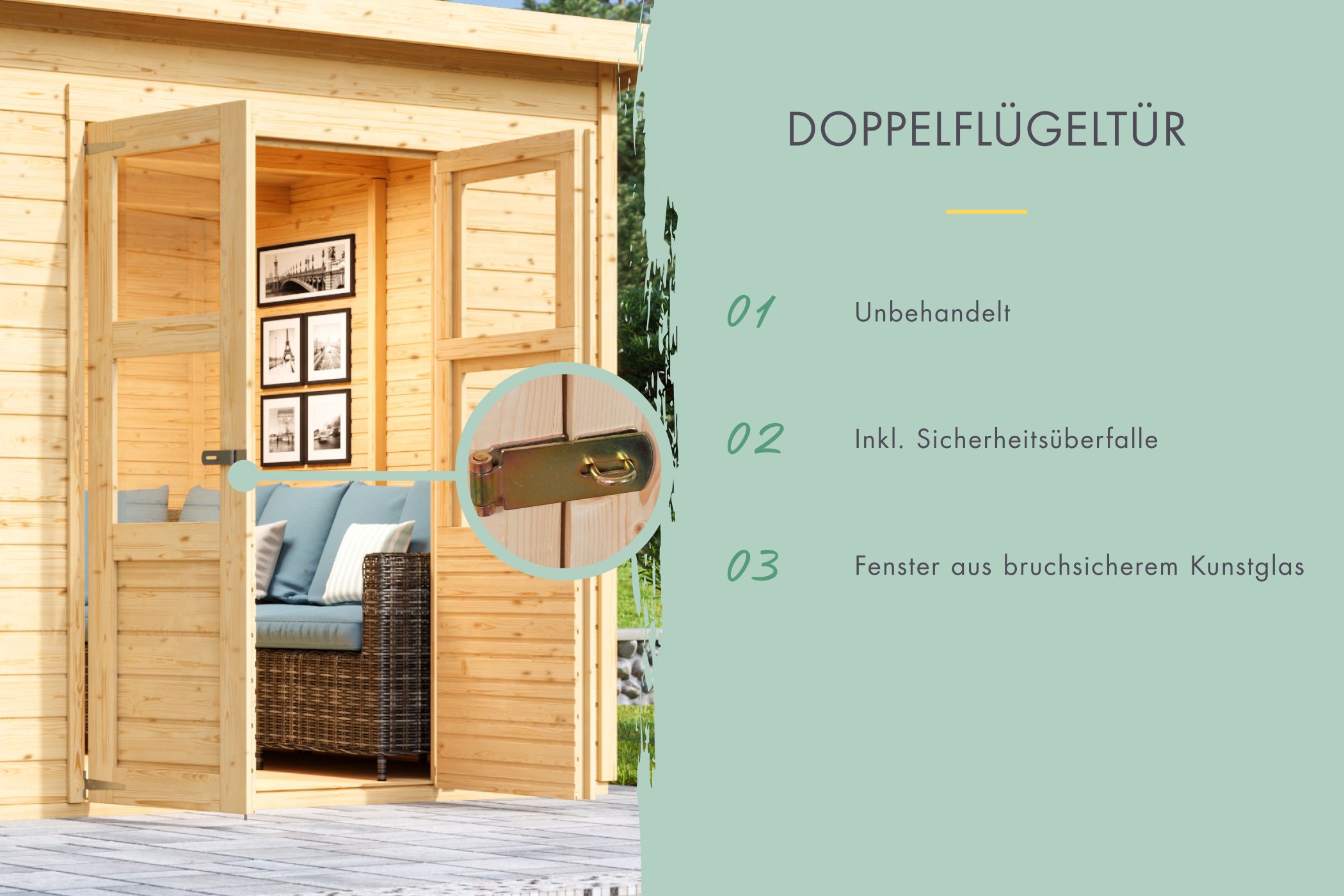 Doppelflügeltür des Karibu Gerätehaus Merseburg 2 mit Zylinderschloss und Kunstglas